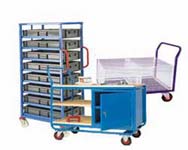 Workshop and manufacturing trucks including container storage trolleys